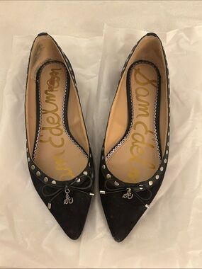 Sam Edelman Black Pointed Toe Studded Bow Flats